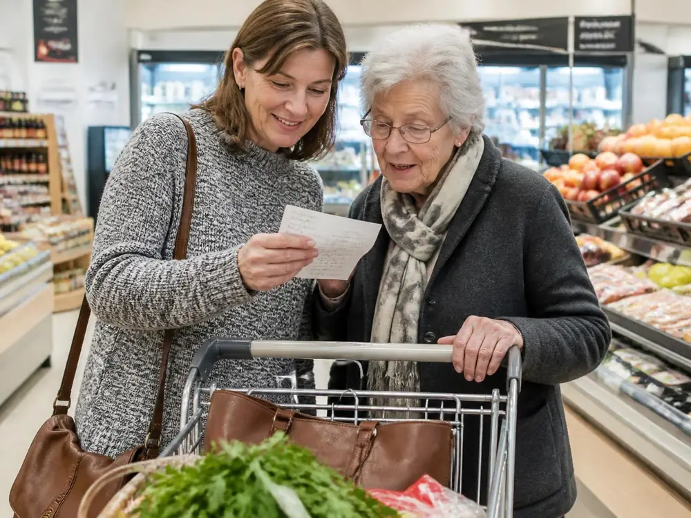 Betreuungsperson begleitet eine Seniorin beim gemeinsamen Einkaufen