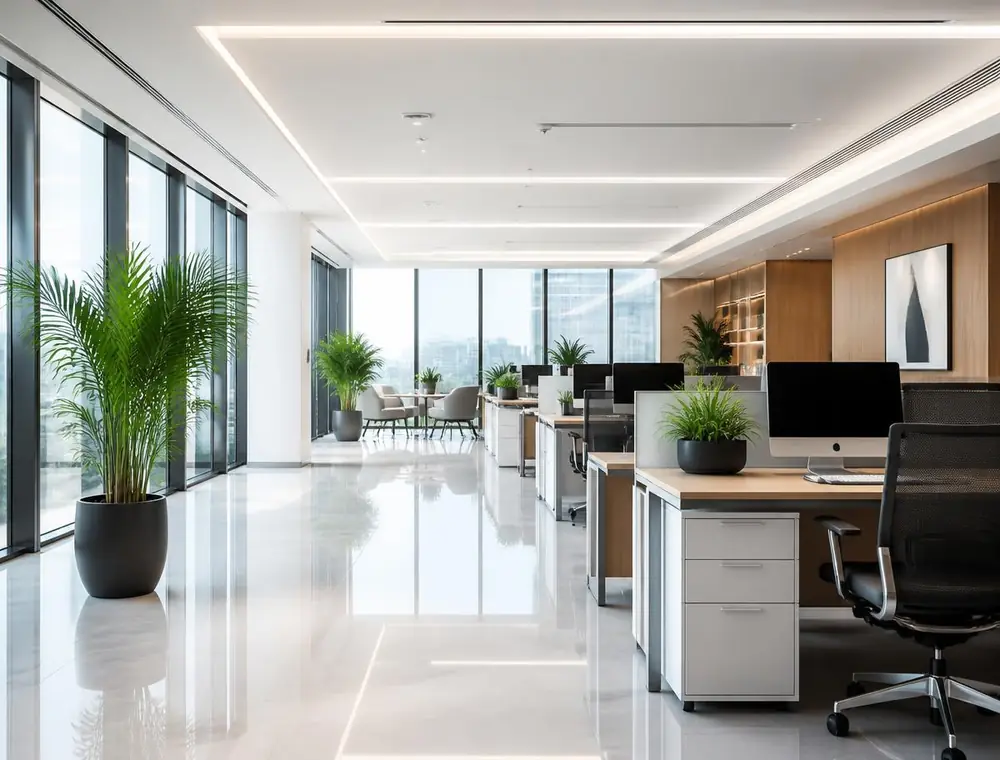Sauberes, modernes Büro mit glänzendem Boden nach der Reinigung