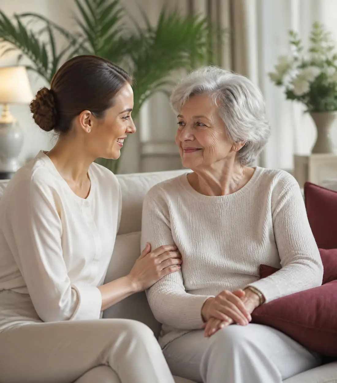 Betreuerin von Speranza im Gespräch mit einer Seniorin im Wohnzimmer