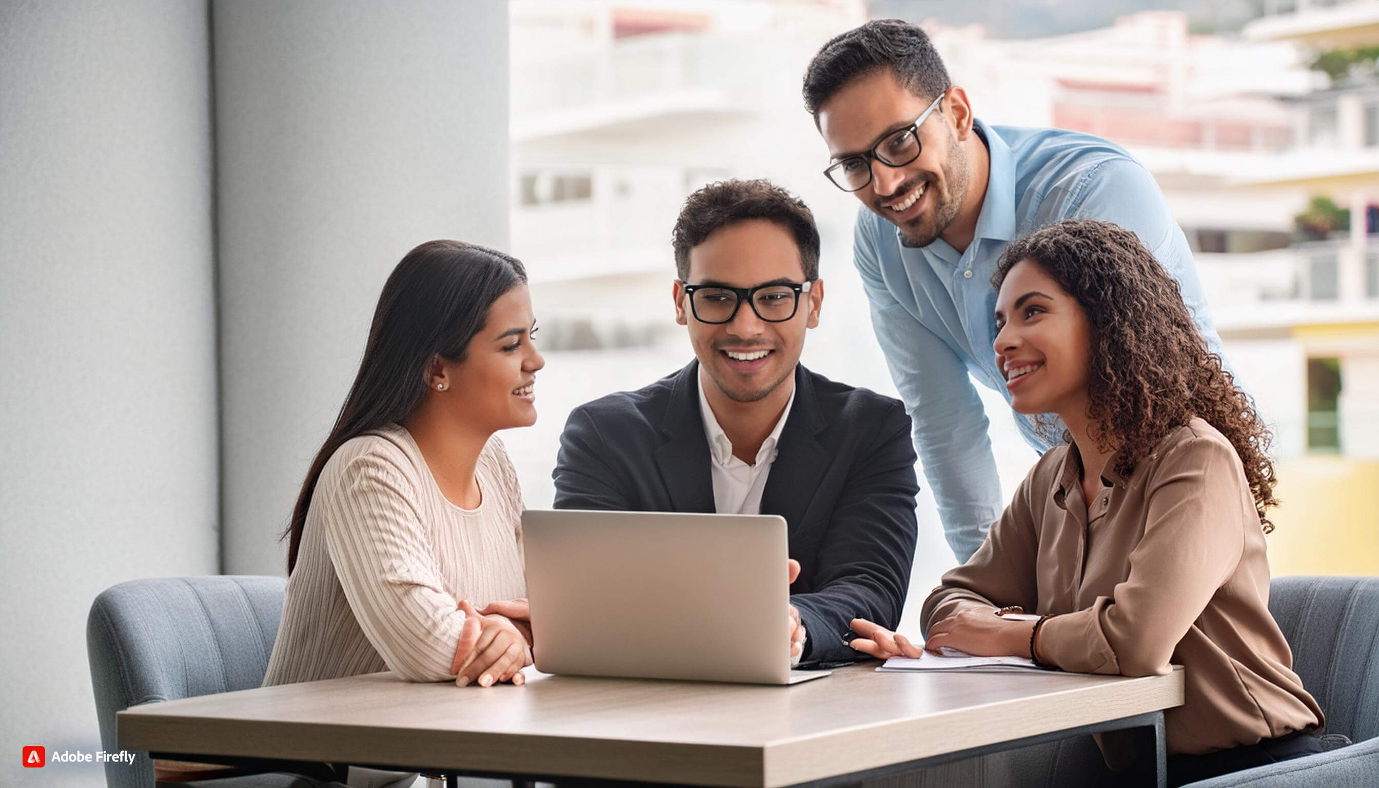 Mehrere Personen beugen sich im Gespräch über einen Laptop