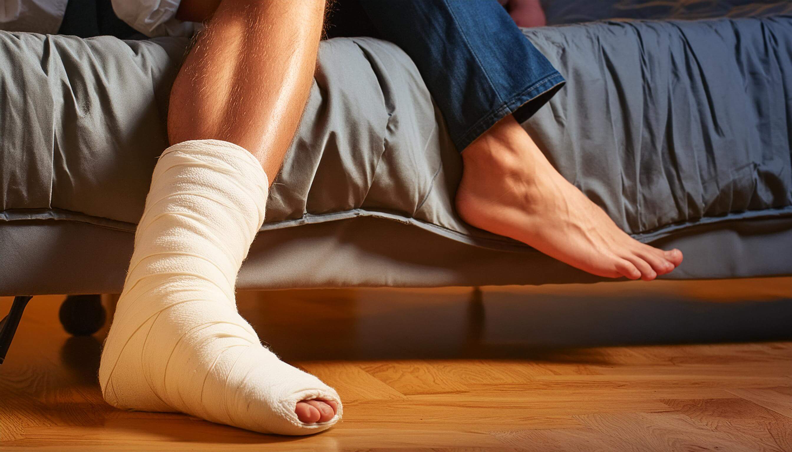 Ein eingegipstes Bein einer Person, die auf einem Sofa sitzt