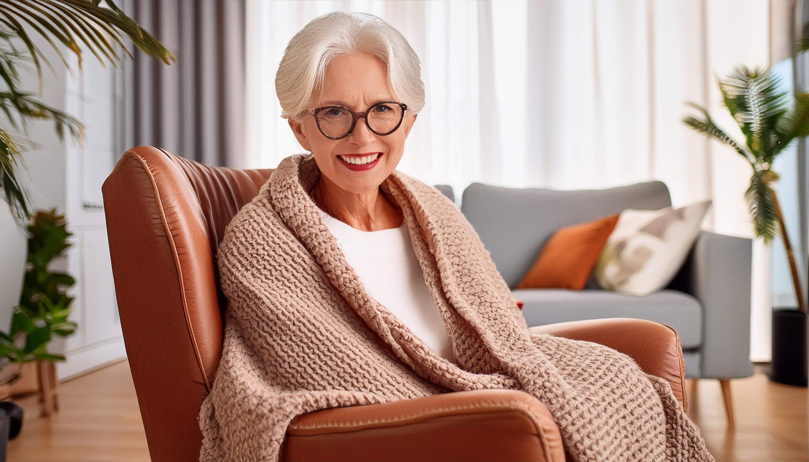 Ältere Frau sitzt auf einem Sessel und lächelt in die Kamera